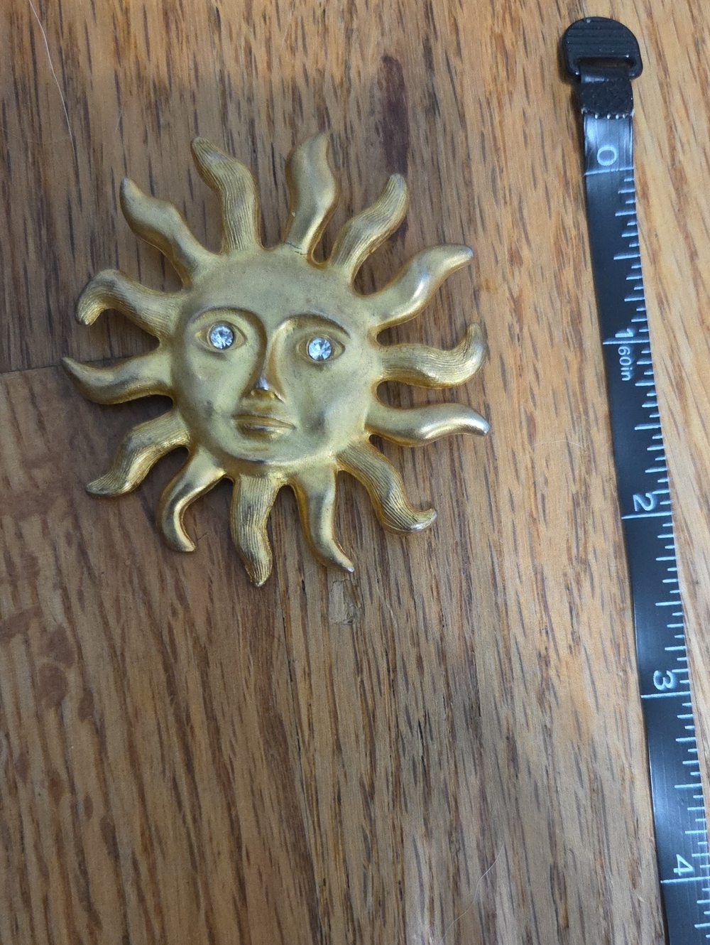 Gold Sun Face Brooch with Rhinestone Eyes